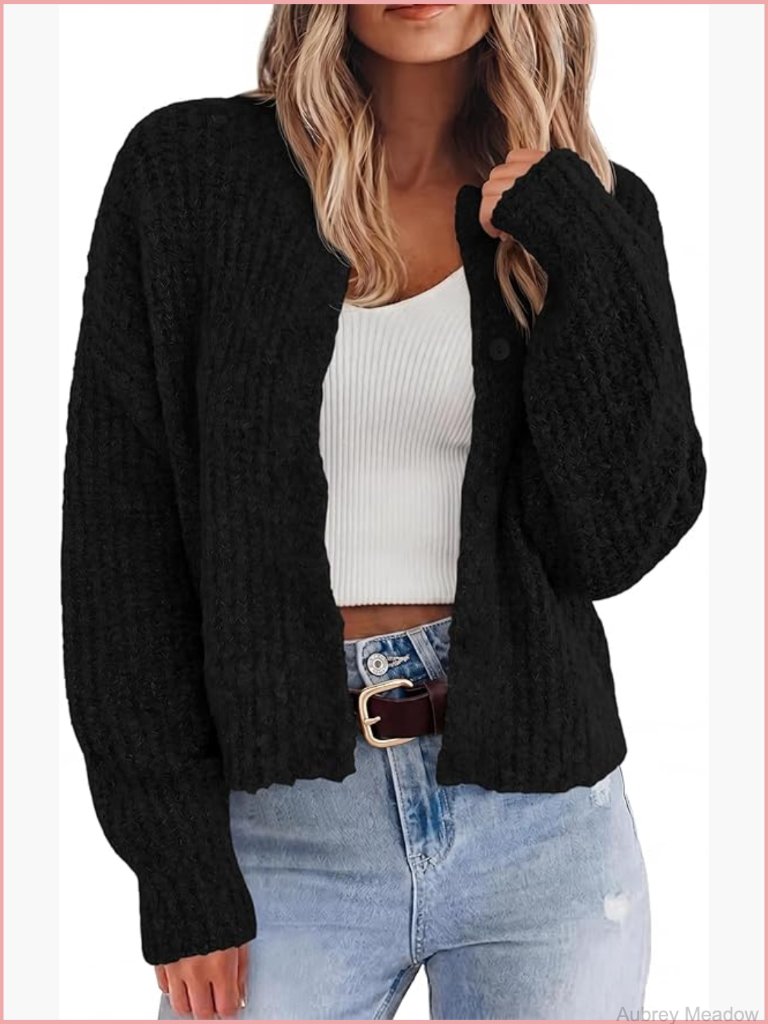 Chunky Knit Cropped Cardigan Sweater Long Sleeve Button Down